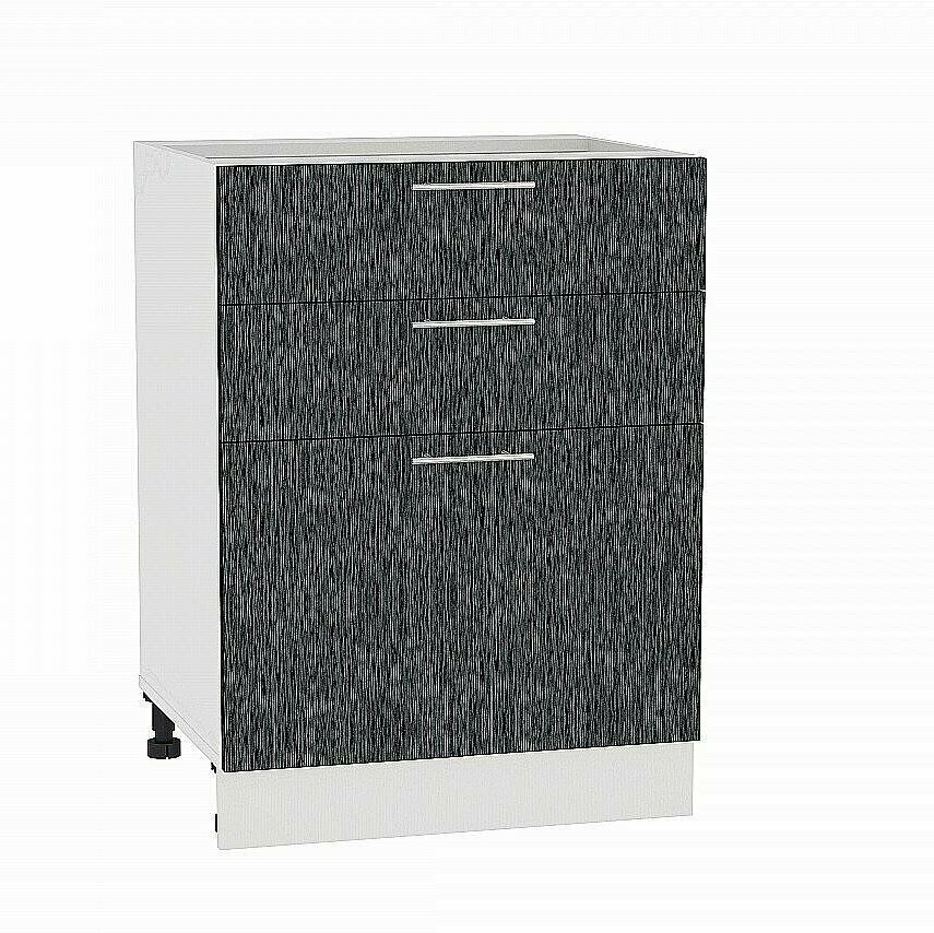 шкаф нижний кухонный с тремя ящиками в цвете черный металлик дождь каркас белый